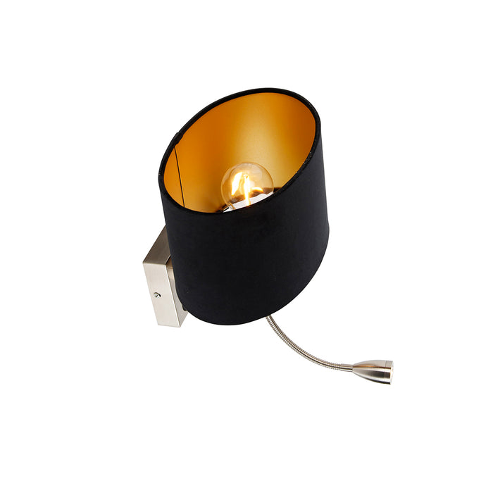QAZQA Wandlamp staal met ovale velours kap zwart 25cm - Brescia Combi
