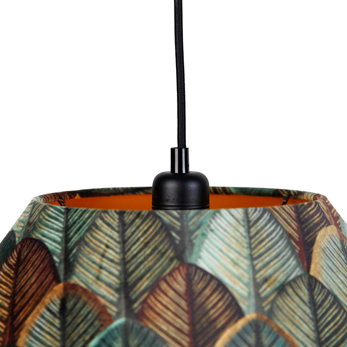 QAZQA Hanglamp zwart met dubbele velours lampenkap blad dessin en