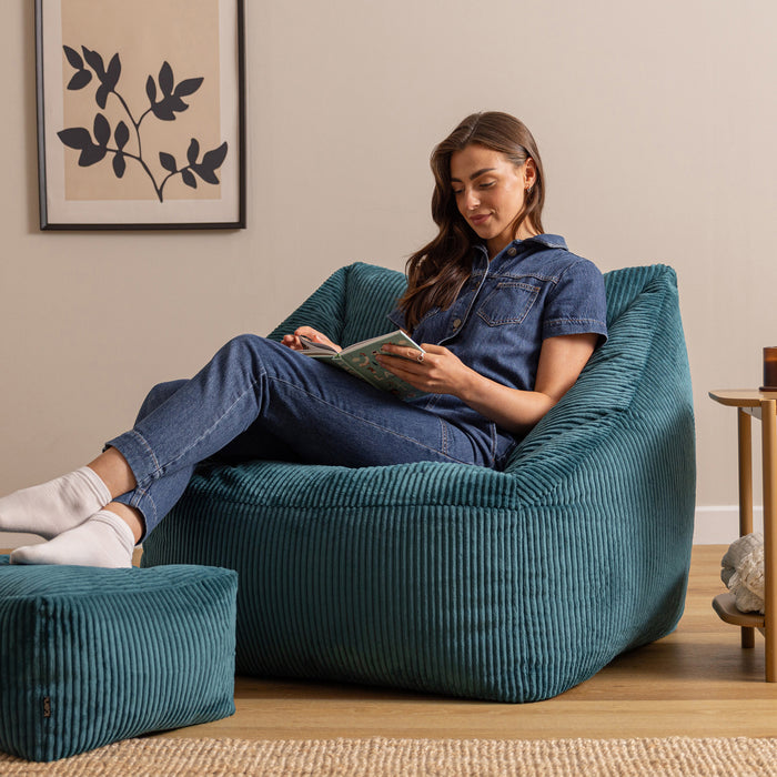icon Natalia Zitzak Fauteuil met Poef - Ribfluweel - Blauwgroen
