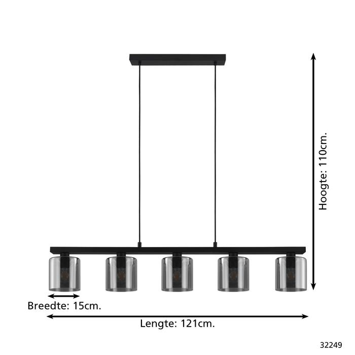 EGLO Cadley Hanglamp - E27 - 121 cm - Rookglas - Smoke - Zwart