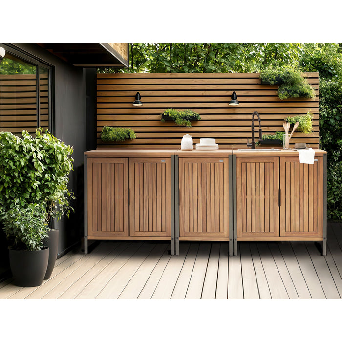 Beliani-IVREA-Buitenkeuken met spoelbak 3-delig-Bruin|Zwart-Acaciahout