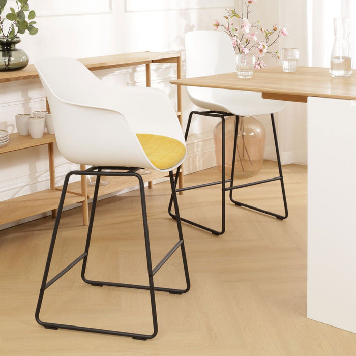 Nolon Nino-Liz Barkruk Wit - Okergeel Kussen - Zwart Frame - 75 cm