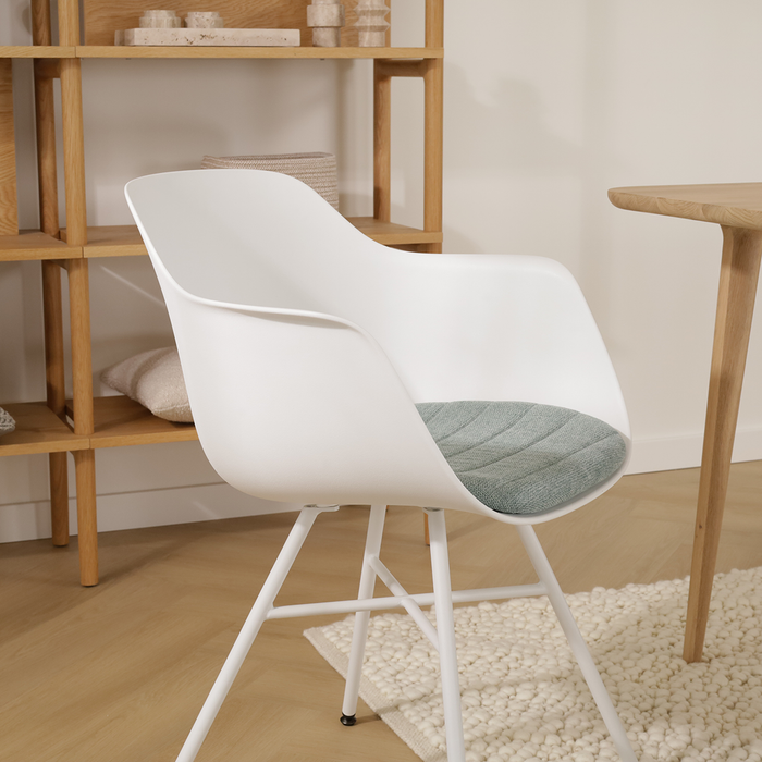 Nolon Noa-Liz Eetkamerstoel Wit - Zacht Groen Kussen - Witte Poten