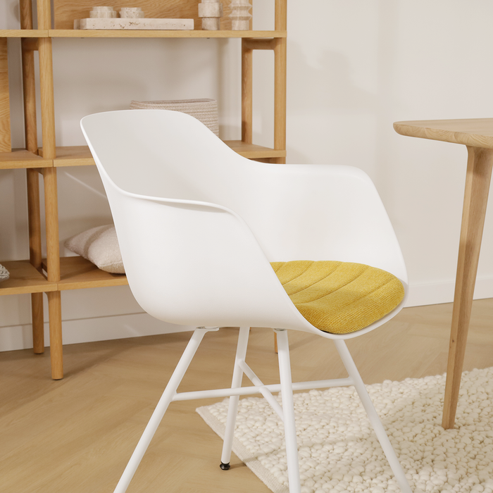 Nolon Noa-Liz Eetkamerstoel Wit - Okergeel Kussen - Witte Poten