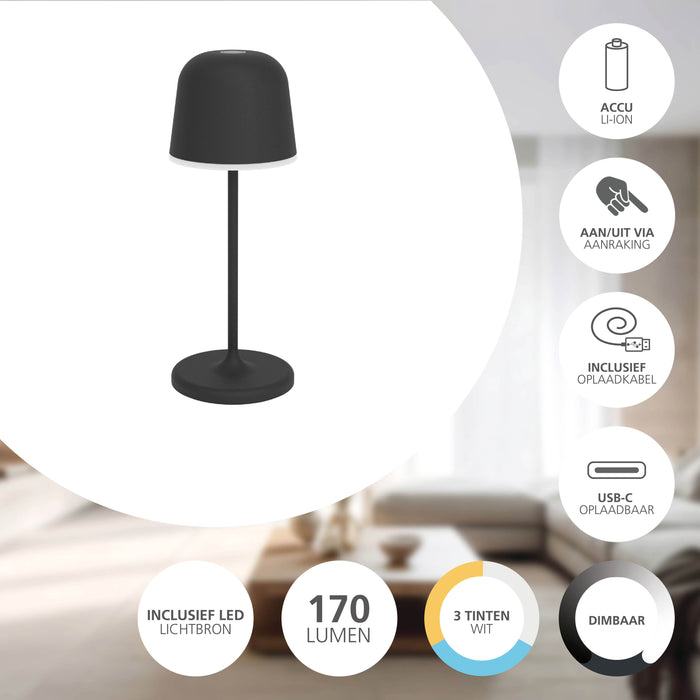 EGLO Mannera-S Tafellamp|Priklamp - USB-C - H 20 cm  - Zwart