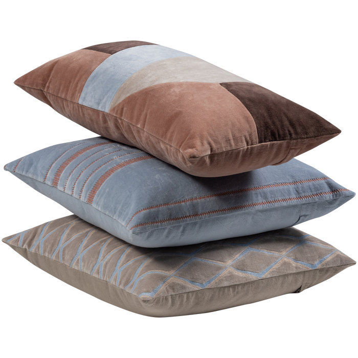 WOOOD Laon Kussens - Velvet stof - Naturel|Blauw - Set Van 3