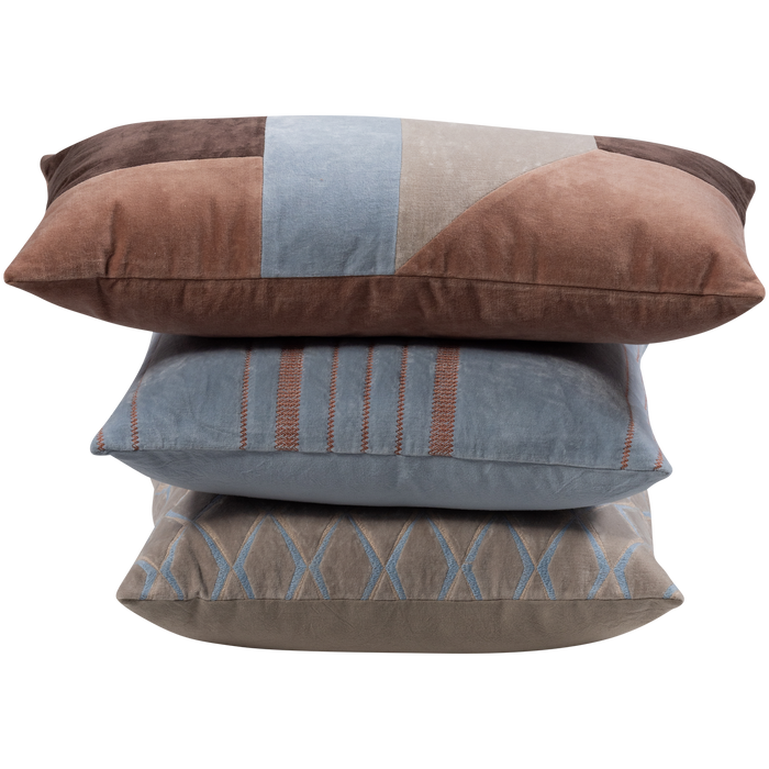 WOOOD Laon Kussens - Velvet stof - Naturel|Blauw - Set Van 3