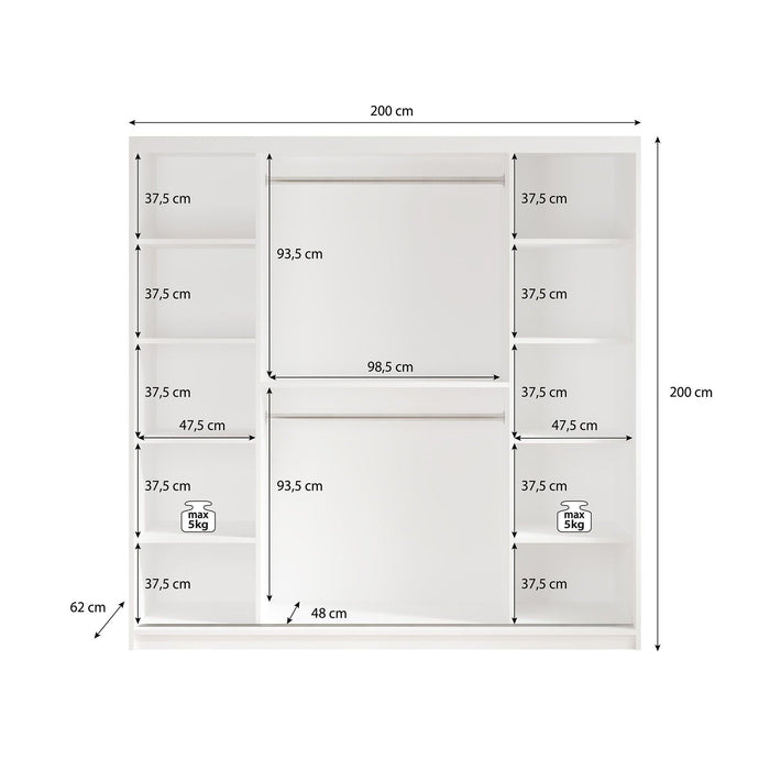 Meubella - Kledingkast Marmer 2 - Wit - 200 cm - Met spiegel