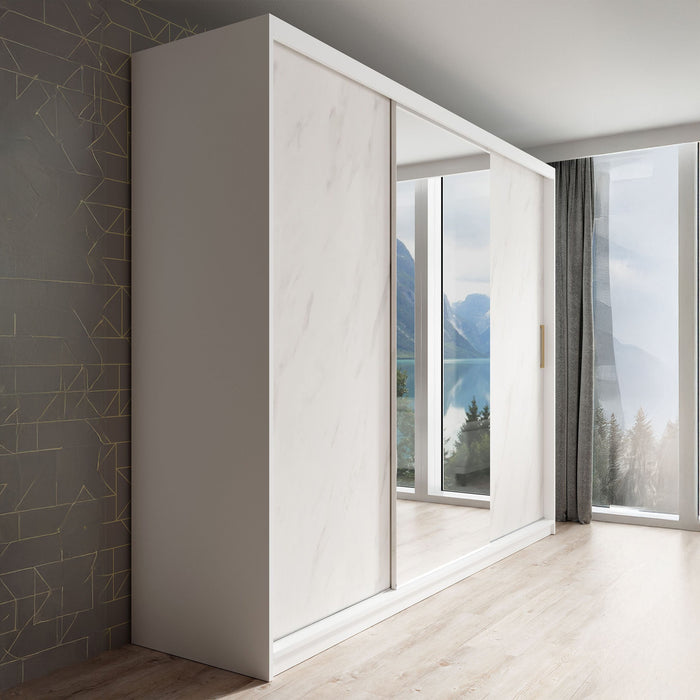 Meubella - Kledingkast Marmer 2 - Wit - 250 cm - Met spiegel