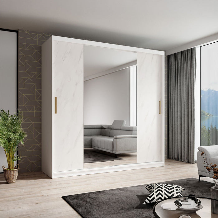 Meubella - Kledingkast Marmer 2 - Wit - 200 cm - Met spiegel