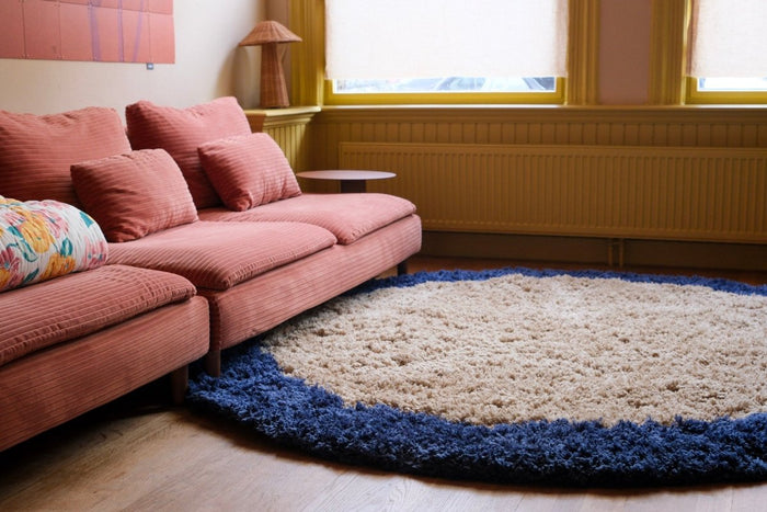 Rond hoogpolig vloerkleed Pilo beige|blauw polyester Interieur05