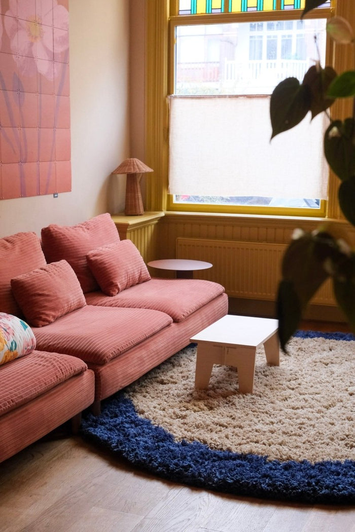 Rond hoogpolig vloerkleed Pilo beige|blauw polyester Interieur05