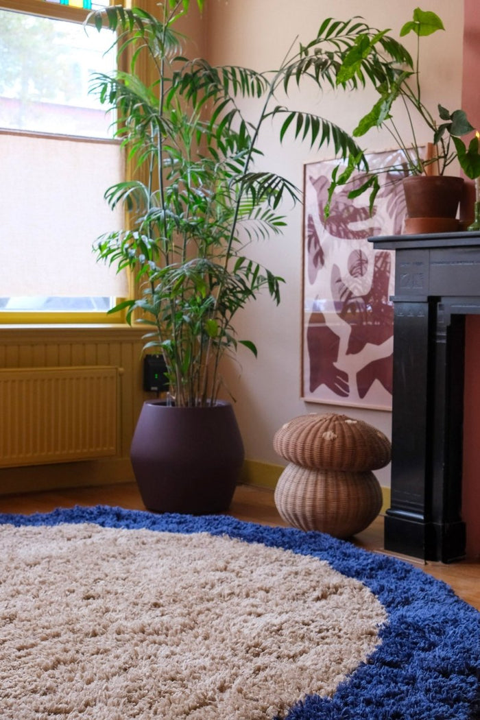 Rond hoogpolig vloerkleed Pilo beige|blauw polyester Interieur05