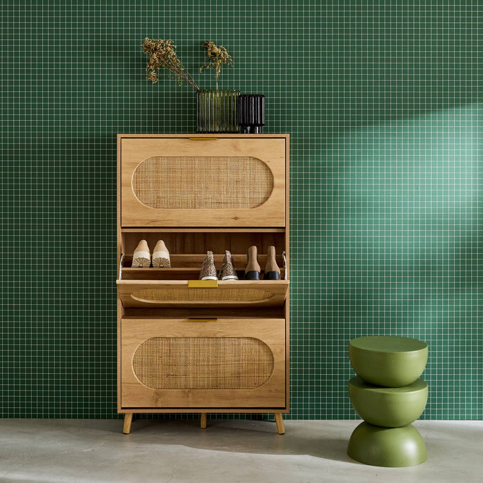 sweeek - Schoenenkast hout en vlechtwerk decor 3 laden