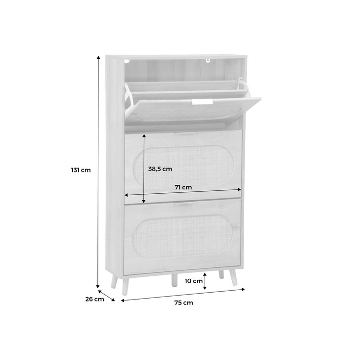 sweeek - Schoenenkast hout en vlechtwerk decor 3 laden