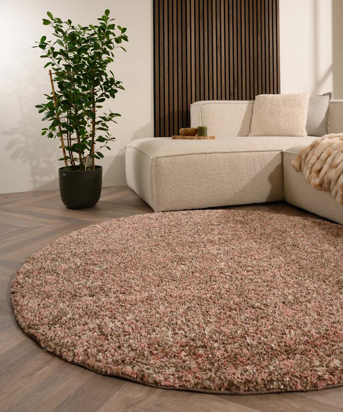 Tapeso Rond hoogpolig vloerkleed - Blend roze|beige - 80 cm