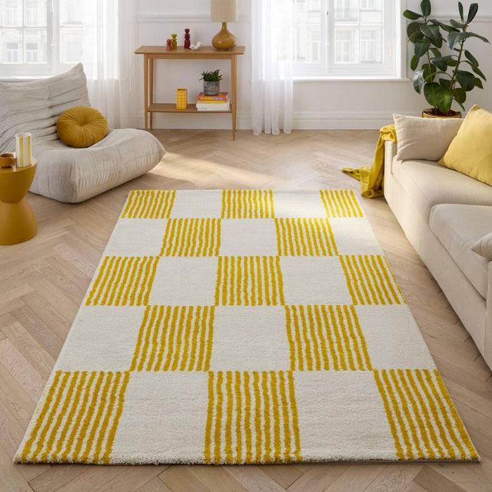 sweeek - Binnen tapijt geel en wit dambordpatroon