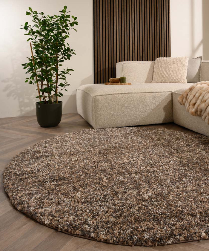 Tapeso Rond hoogpolig vloerkleed - Blend beige|grijs - 80 cm