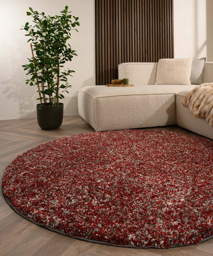 Tapeso Rond hoogpolig vloerkleed - Blend rood|grijs - 200 cm