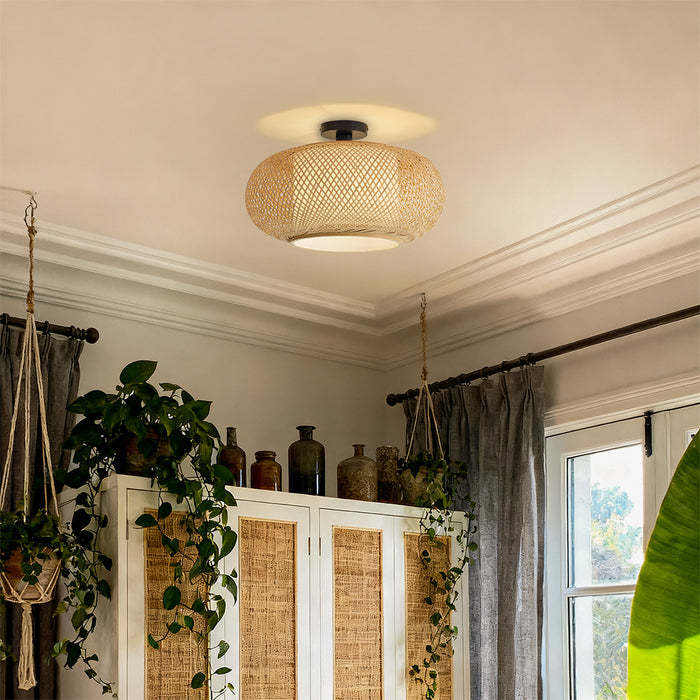 QAZQA Japandi plafondlamp bamboe met witte binnenkant - Liva