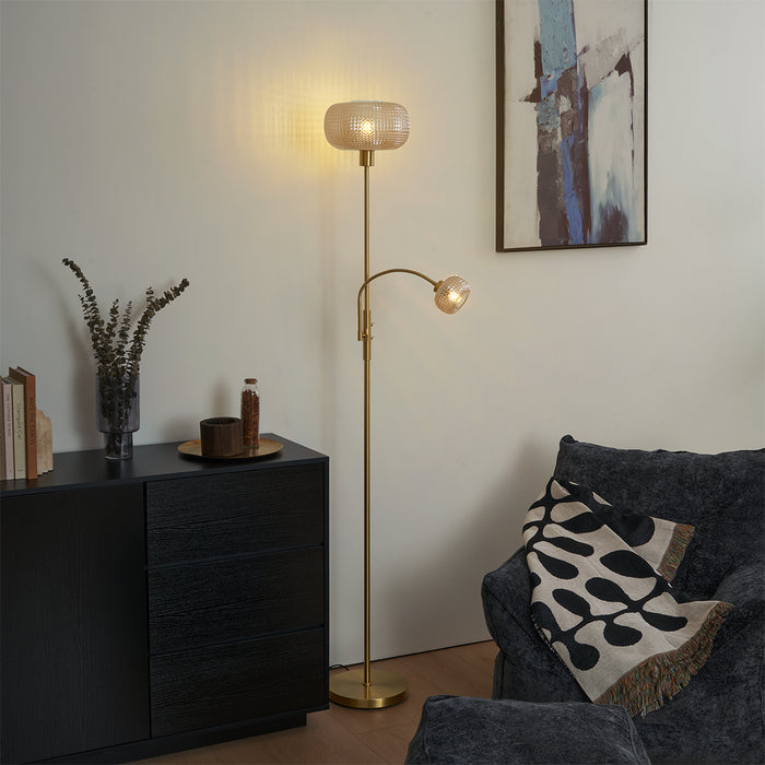 QAZQA Design vloerlamp messing met amber glas 2-lichts - Brianna