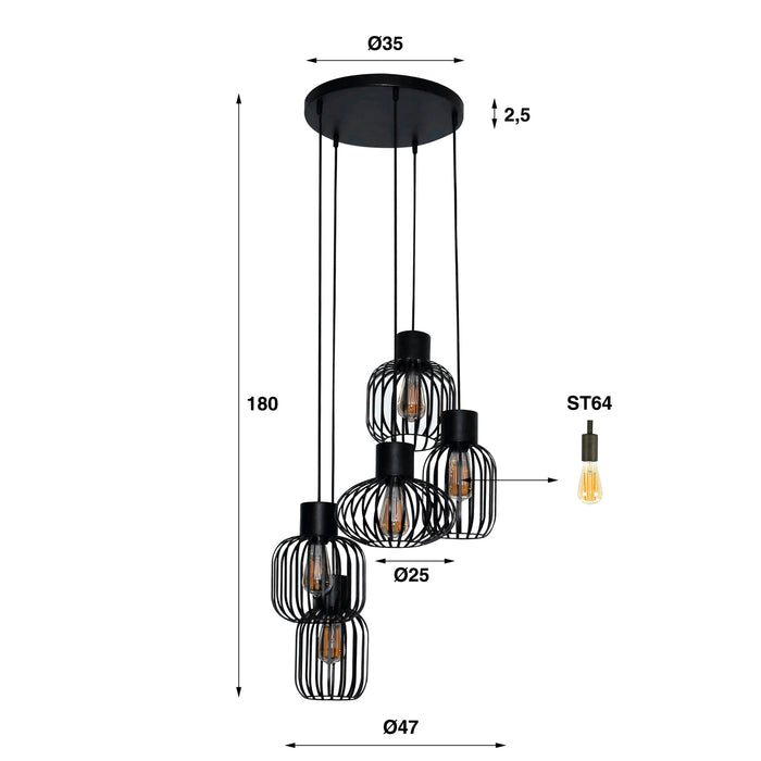 Giga Meubel - Hanglamp Zwart - 5-Lichts - 180x47x47cm - Getrapt