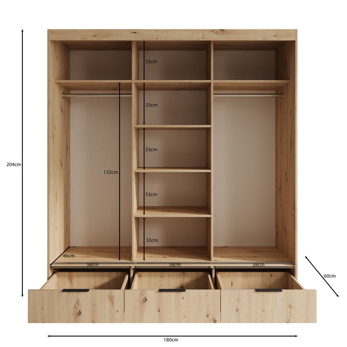 Meubella - Venn - Kledingkast met schuifdeuren - Eiken - 180x60x204 cm