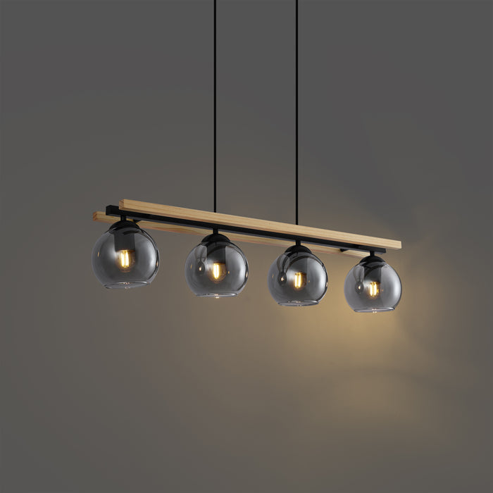 QAZQA Moderne hanglamp zwart met hout en smoke glas 4-lichts - Aleks