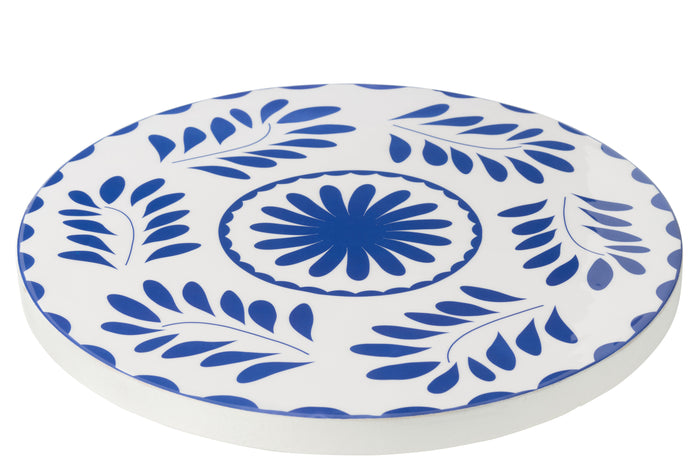 J-Line plateau Rond Bloemen - hout - blauw|wit