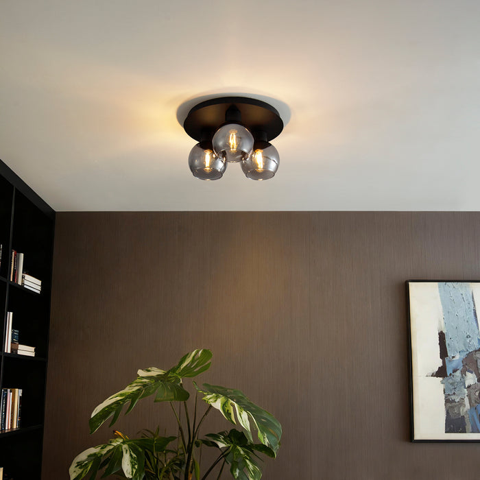 QAZQA Art Deco plafondlamp zwart met smoke glas 3-lichts - Vidro