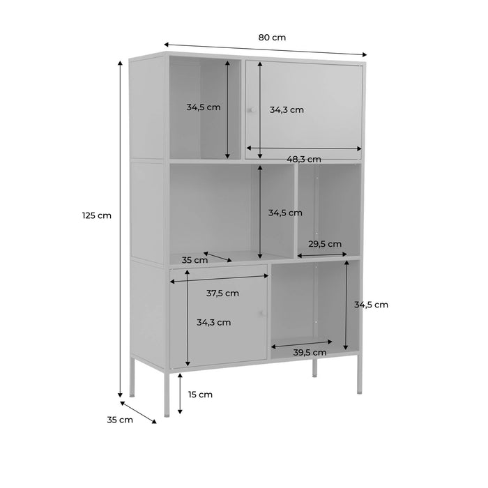 sweeek - Boekenkast met 6 vakken en 2 deurtjes van metaal, industrieel