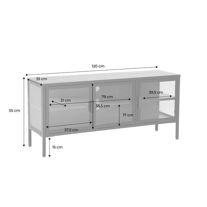 sweeek - TV-meubel vitrine gehard glas en staal 3 deuren industrieel