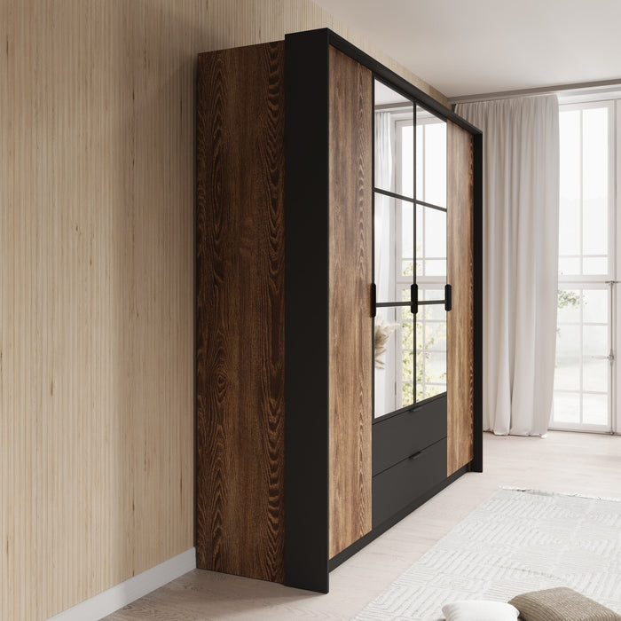 Meubella - Kledingkast Mulvey - Eiken - Antraciet - 220 cm- Spiegel