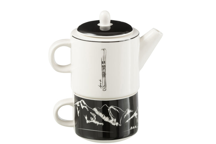 J-Line theepot + tas  - keramiek - zwart|wit - giftbox