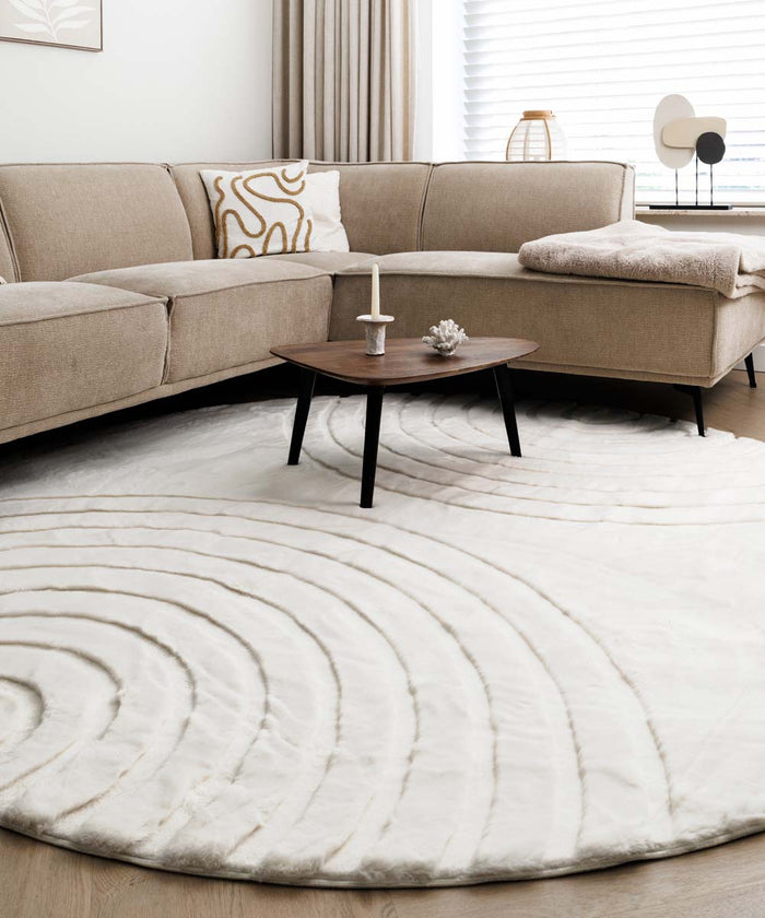 Tapeso Fluffy vloerkleed rond - Carvy crème - 100 cm