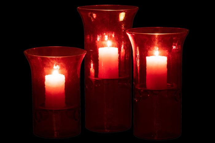 J-line - Set Van Drie Kaarshouder Bord Glas|metaal Rood - 15x15x21cm