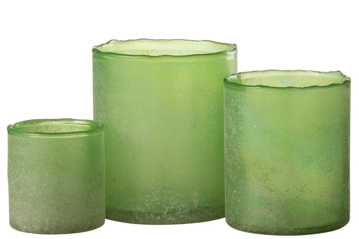 J-line - Set Van Drie Theelichthouder Ruby Glas Groen - 13x13x15cm