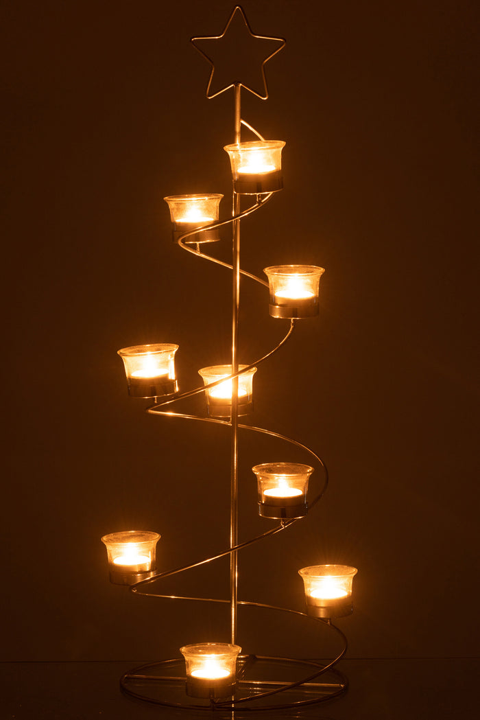 J-line - Theelichthouder Boom Metaal|glas Zilver Large - 27x24x71cm