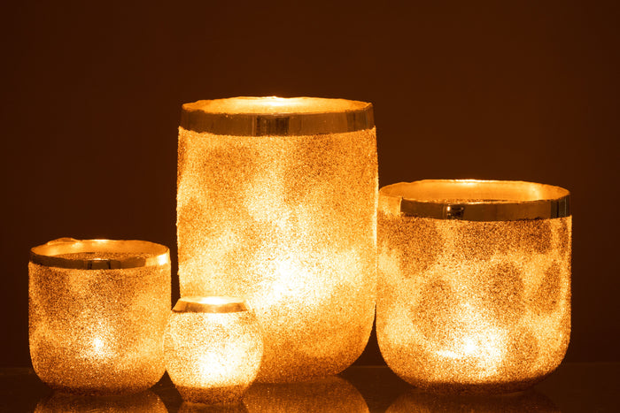 J-line - Theelichthouder Frosty Rond Glas Zilver XL - 19.5x19.5x25.5cm