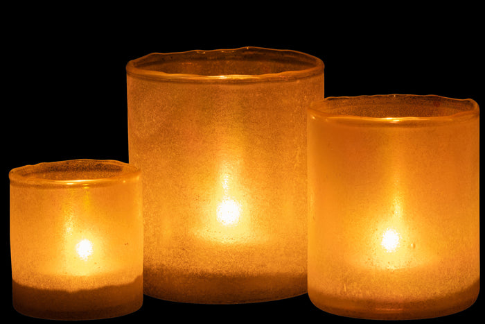 J-line - Set Van Drie Theelichthouder Ruby Glas Geel - 13x13x15cm