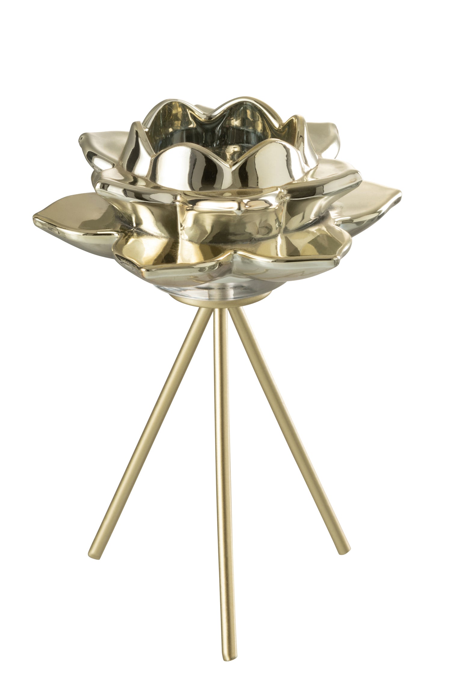 J-line - Theelichthouder Voet Bloem Glas Goud Large - 14.5x14.5x21cm