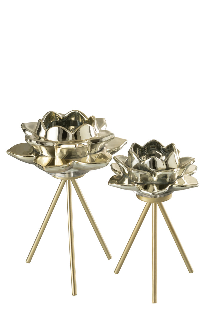 J-line - Theelichthouder Voet Bloem Glas Goud Large - 14.5x14.5x21cm