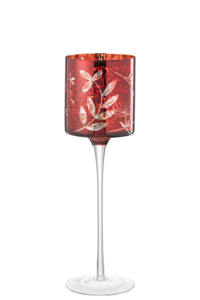 J-line - Theelichthouder Blaadjes Glas Rood| Goud Large - 9x9x30cm