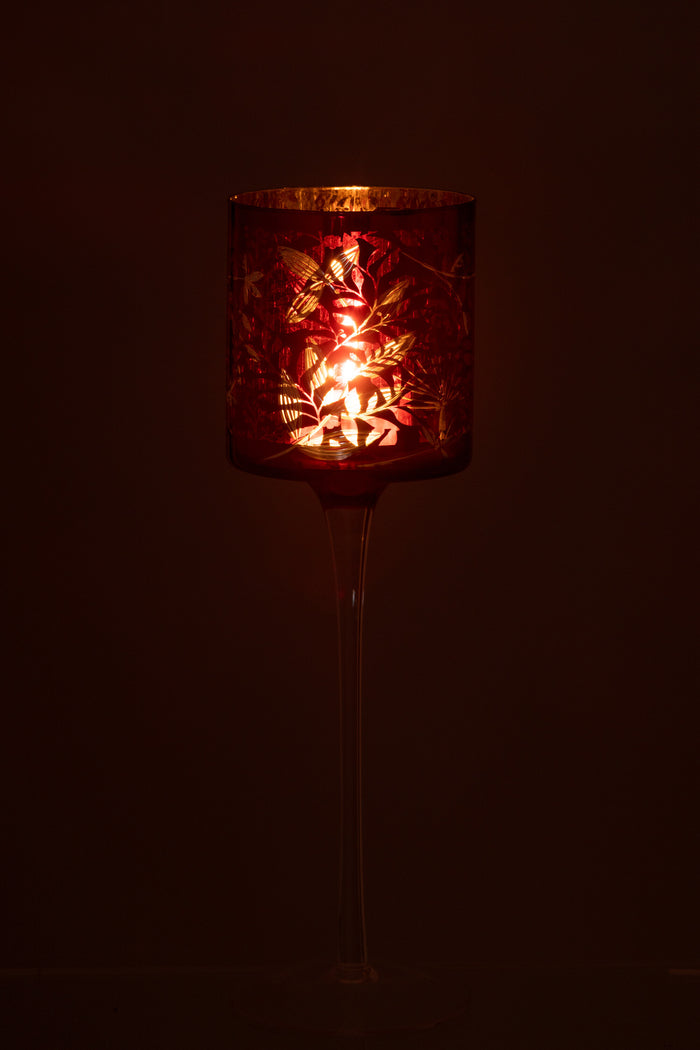 J-line - Theelichthouder Blaadjes Glas Rood| Goud Large - 9x9x30cm
