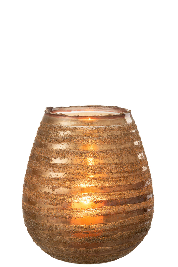 J-line - Theelichthouder Streep Rond Glas Bruin Large - 20x20x23cm