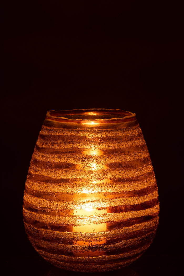 J-line - Theelichthouder Streep Rond Glas Bruin Large - 20x20x23cm