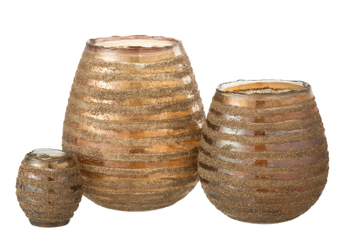 J-line - Theelichthouder Streep Rond Glas Bruin Large - 20x20x23cm