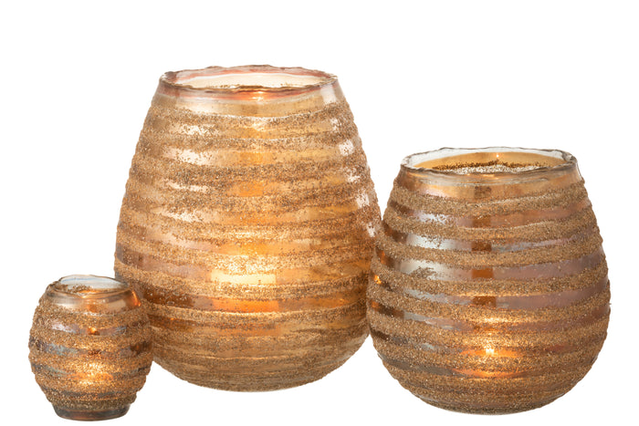 J-line - Theelichthouder Streep Rond Glas Bruin Large - 20x20x23cm