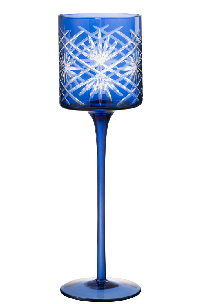J-line - Theelichthouder Op Voet Santorini Glas Blauw Large - 9x9x30cm