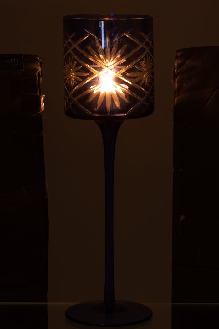 J-line - Theelichthouder Op Voet Santorini Glas Blauw Large - 9x9x30cm